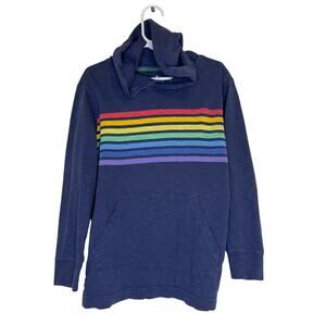 Primary Clothing Kids size 6/7 Blue Gray Hooded Top Rainbow Stripes
